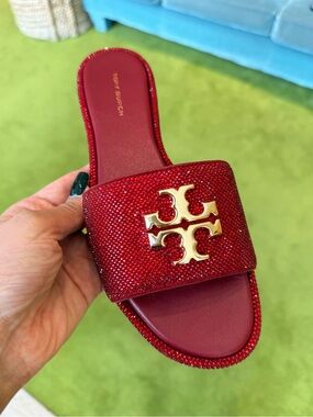 Tory Burch Everly Rhinestone Crystal Sparkle Red Slide Sandals Limited Edition